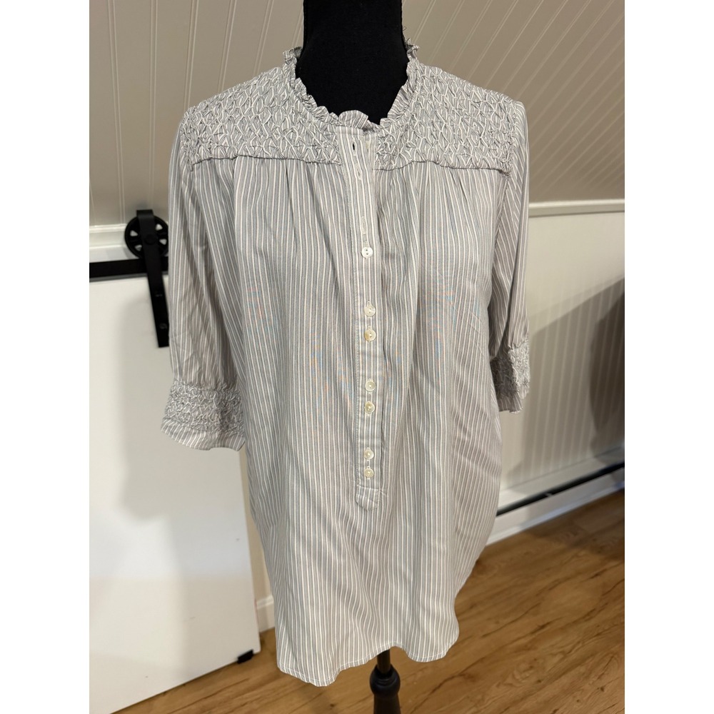 NWOT Sundance Med Blue White Striped Smocked Ruffle Blouse Coastal Grandma Boho